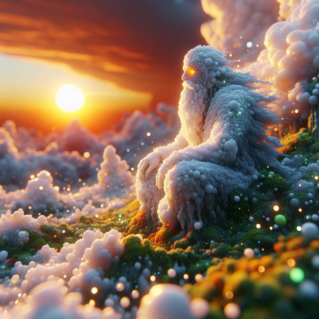 Hyper realistic tiltshift; skin colored ceramic shaman in sitting in  dress suit. white and fluffy cloud with sunset colors covered earth with man. cloud is and glowing. tiny cream scattered prisms , green and yellow Moss. swirling ferrofluid sky of sunset. sun is sacred.  Luminescent. Vast distance.