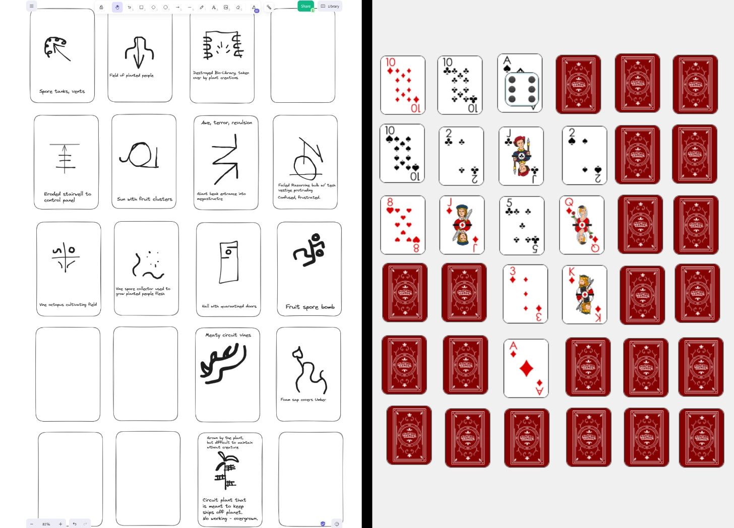 Split image: Left is a series of cards with drawings and notes on them. Right is a 6x6 grid of playing cards, 