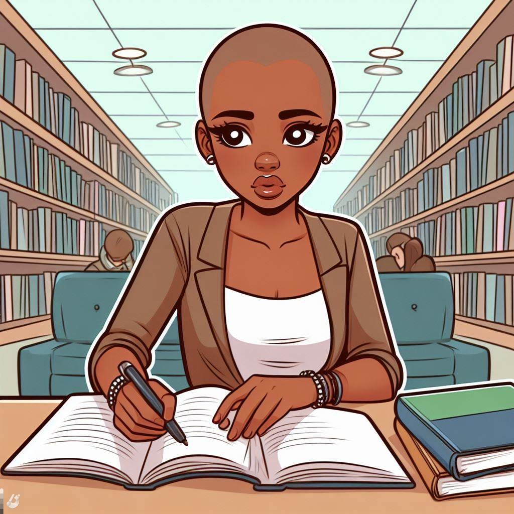 A black woman at a library cartoon bald looking away from camera copying from a textbook into a notebook with two notebooks in front of her