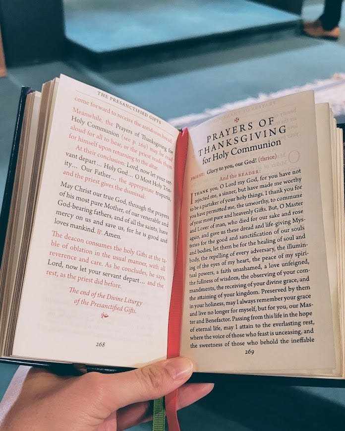 prayer book open to the first page of the Orthodox Prayers of Thanksgiving after Receiving Holy Communion