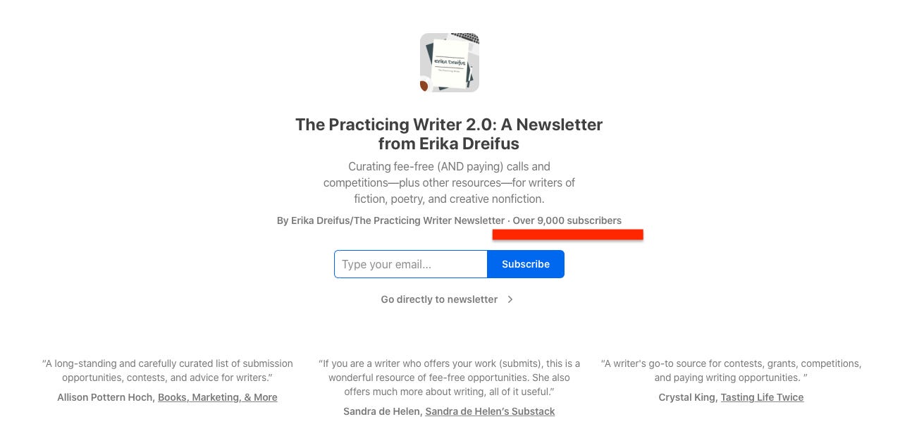 Screenshot of the newsletter's home page on Substack, underlining a note that the publication now has over 9,000 subscribers. The screenshot also features short endorsements from three practicing writers named in text below.