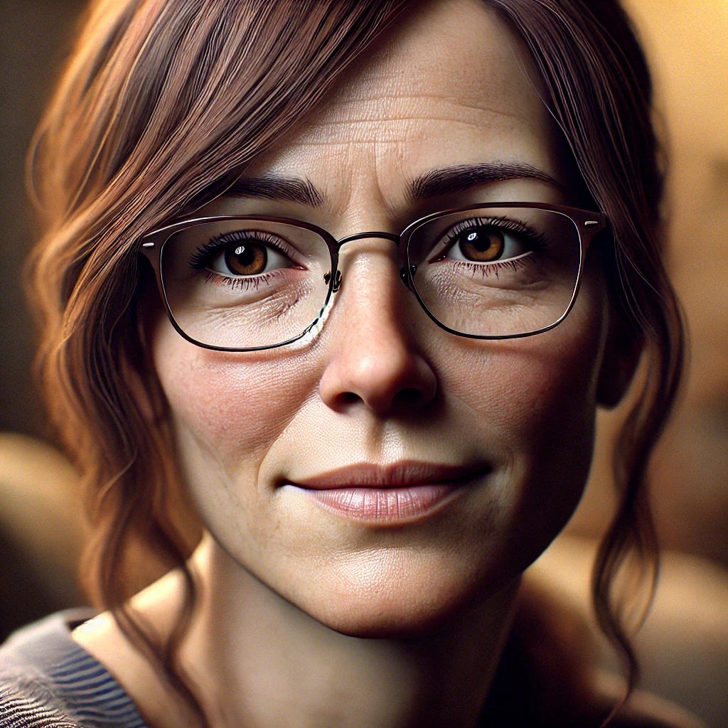 A photorealistic portrait of a 40-year-old woman with an imperfect face, some visible wrinkles, medium build (not too thin), brown hair, wearing glasses. She has a gentle, slightly tired smile that conveys resilience and love. She is sitting in a cozy home setting, looking at something unseen with a quiet sense of peace. The lighting is warm and soft, creating an intimate and comforting atmosphere. A photorealistic portrait of a 40-year-old woman with an imperfect face, some visible wrinkles, medium build (not too thin), brown hair, wearing glasses. She has a gentle, slightly tired smile that conveys resilience and love. She is sitting in a cozy home setting, looking at something unseen with a quiet sense of peace. The lighting is warm and soft, creating an intimate and comforting atmosphere.