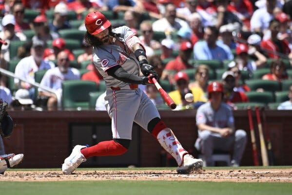 Cincinnati Reds' Jonathan India hits an RBI ground rule double in the third inning of a baseball game against the St. Louis Cardinals, Saturday, June 29, 2024, in St. Louis. (AP Photo/Joe Puetz)