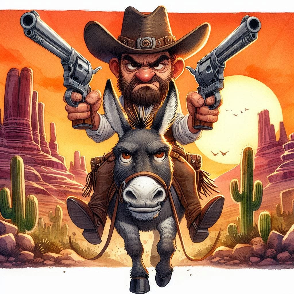 cartoon image of angry cowboy outlaw on a donkey, holding two revolvers in the air. Mesas and sunset in the background.