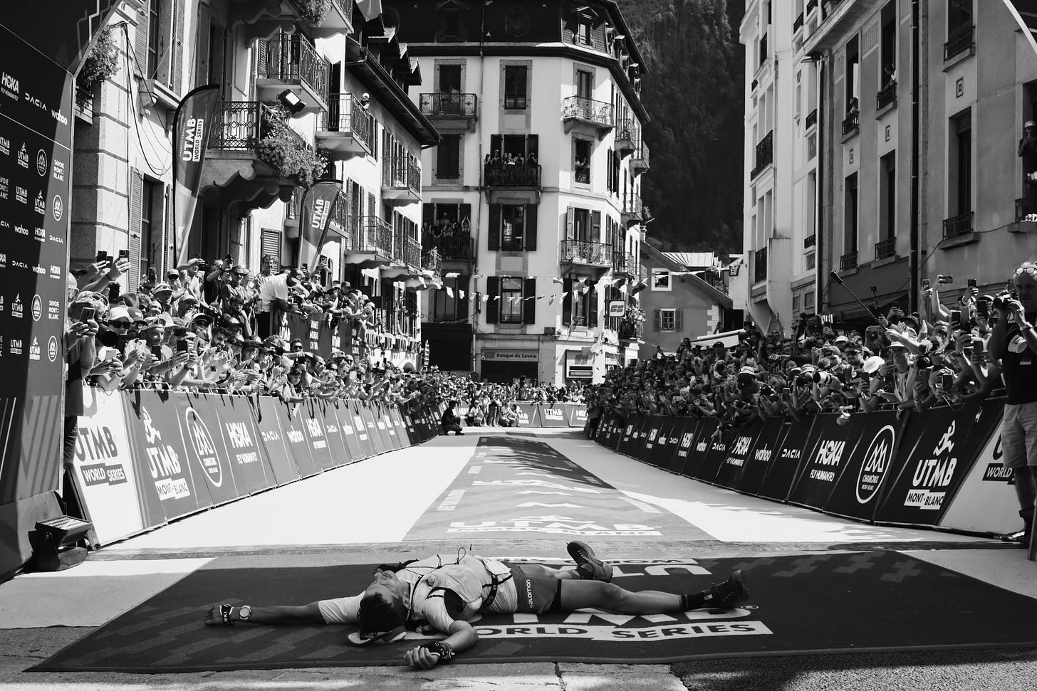 The photograph that won David the People's Choice Sports Photographer at the 2023 British Photography Awards - Mathieu Blanchard at the finish line of OG UTMB.