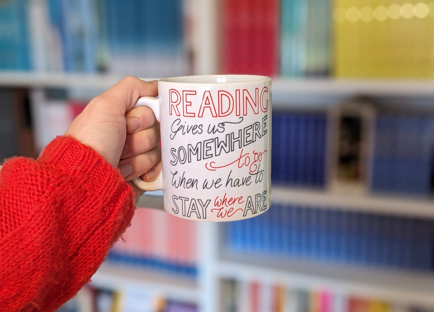 A hand holding a mug that says 'Reading gives us somewhere to go when we have to stay where we are'.