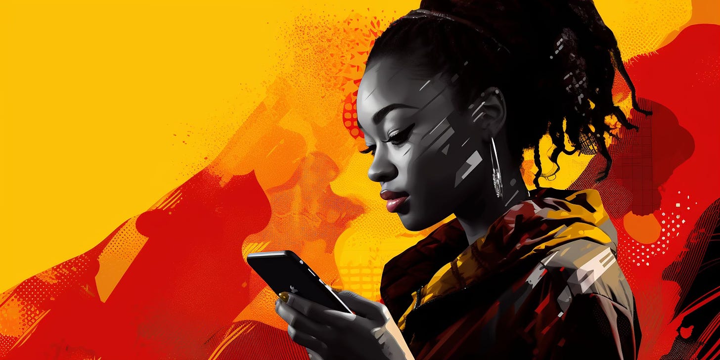 yellow and red halftone print portrait of a young Black British woman creative looking at a smartphone