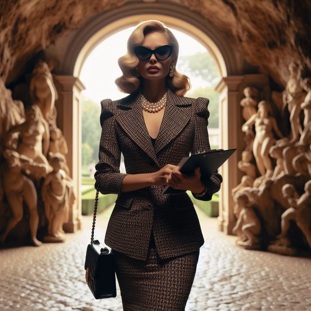 show me a narrow shot of an elegant curvacious hourglass figure blonde female Professor dressed in a Chanel suit in silhouette on sabbatical researching a Renaissance grotto in the style of the grotta grande in the boboli gardens 