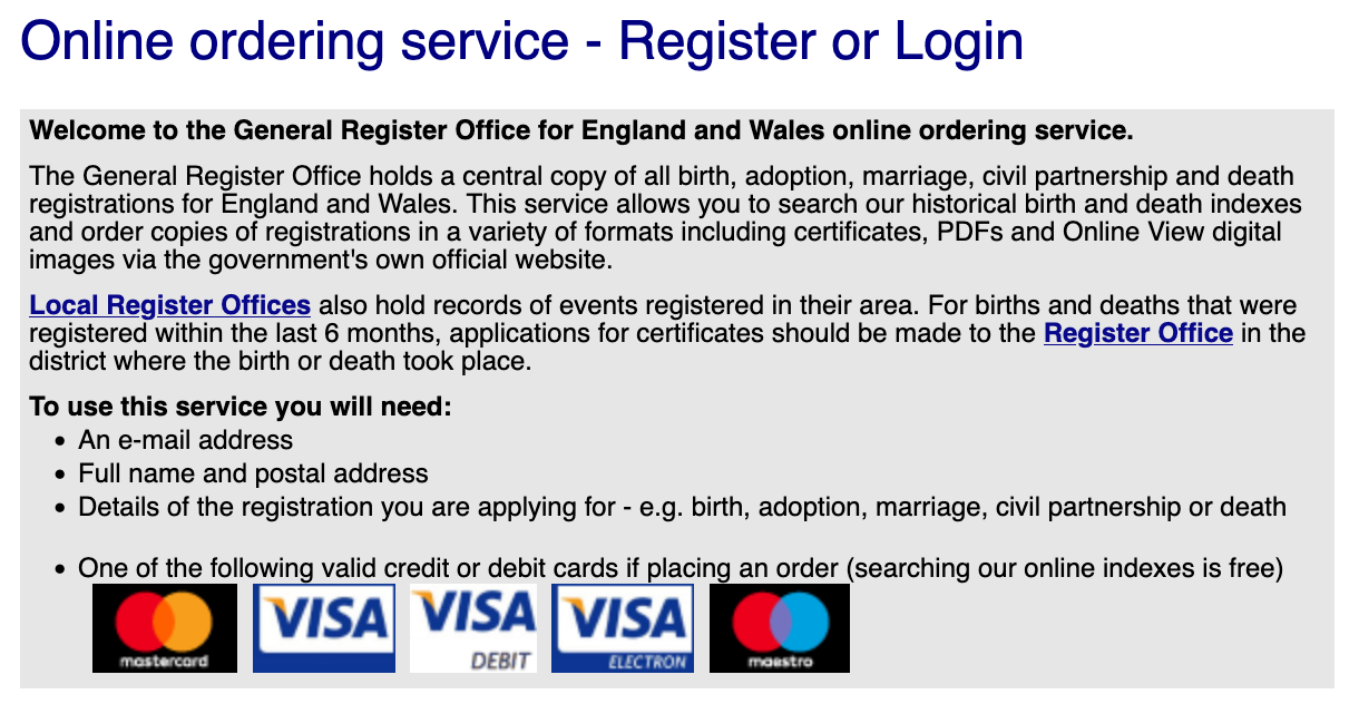 Screenshot of the GOV.UK record ordering service with a list of credit or debit cards accepted for payment