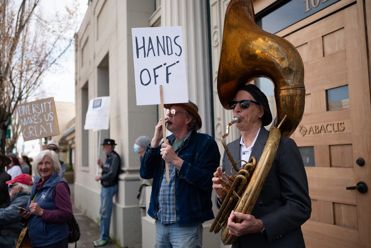 Hands Off protest held on north main street in Sebastopol.  Saturday, April 5, 2025. (ProBonoPhoto/Austin Noble)
