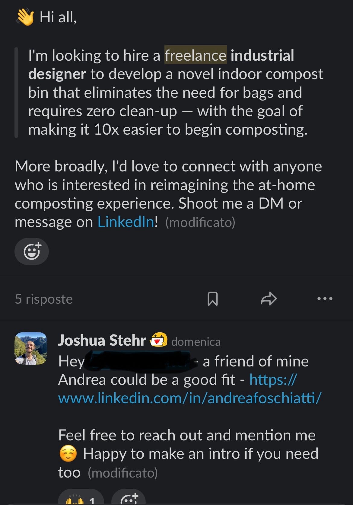 A slack conversation where there is a request for a freelance designer and Joshua is responding 