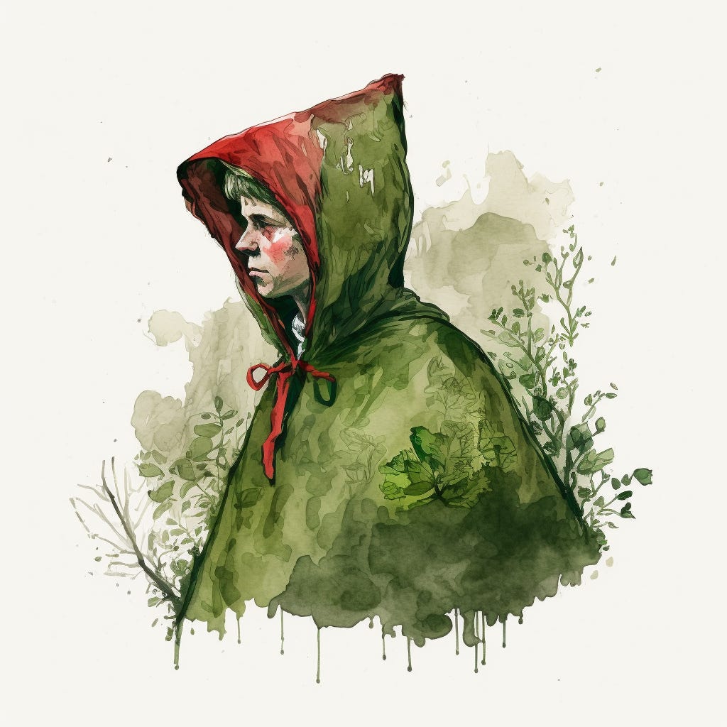 A blond-haired man wearing a cape of green moss and a red bonnet stands amidst the brush.