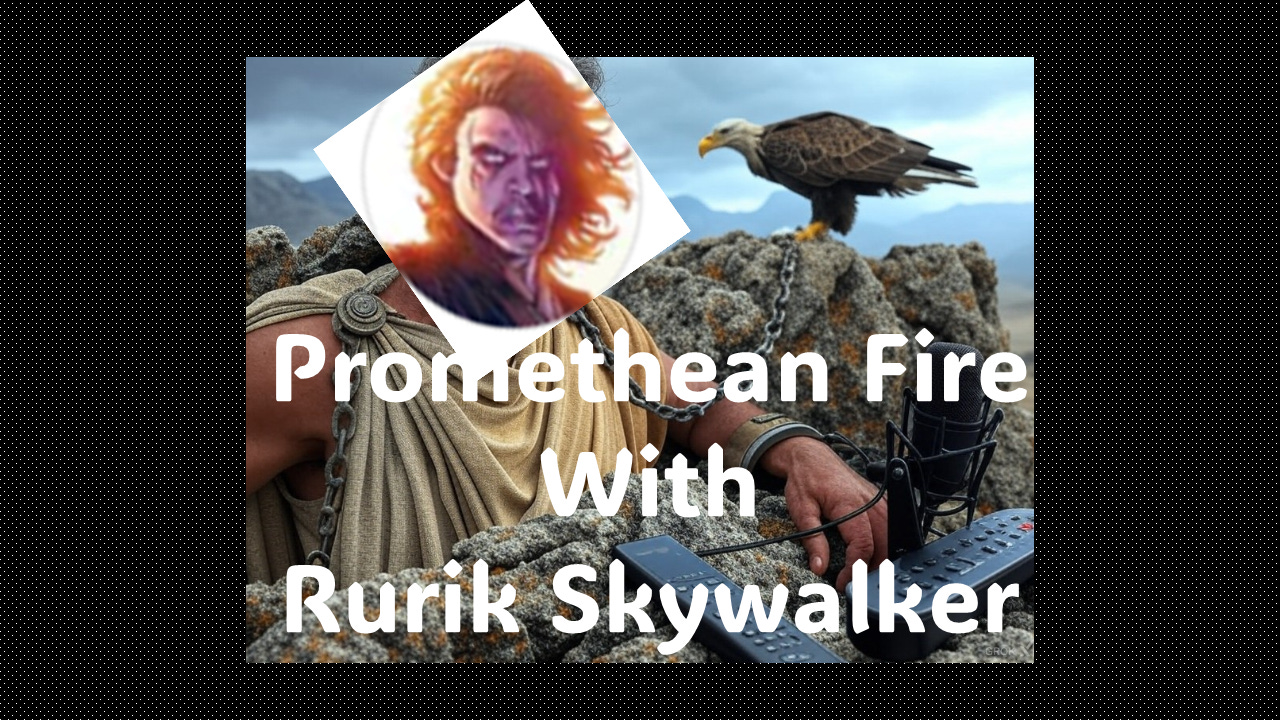 Promethean Podcasting Fire with Rurik Skywalker: AI generated image of Prometheus doing a podcast interview with Rurik Skywalker's Substack profile avatar superimposed over it.