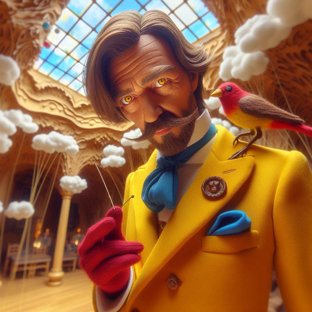 Tilt shift; hyper realistic, Casa Batllo Barcelona Spain.inside of the building. paper mache and wood honey brown haired middle aged man wearing yellow silk suit with cerrelean blue ascot a sparrow made of sticks on his shoulder. The man holds a red hand puppet  made of red wool with big google eyes. Yellow italian shoes.cufflinks. he is leaning into camera. serene expression.Fluffy clouds in a sunny sky made of silk fille the room, there is no ceiling. Prisms of purple light
