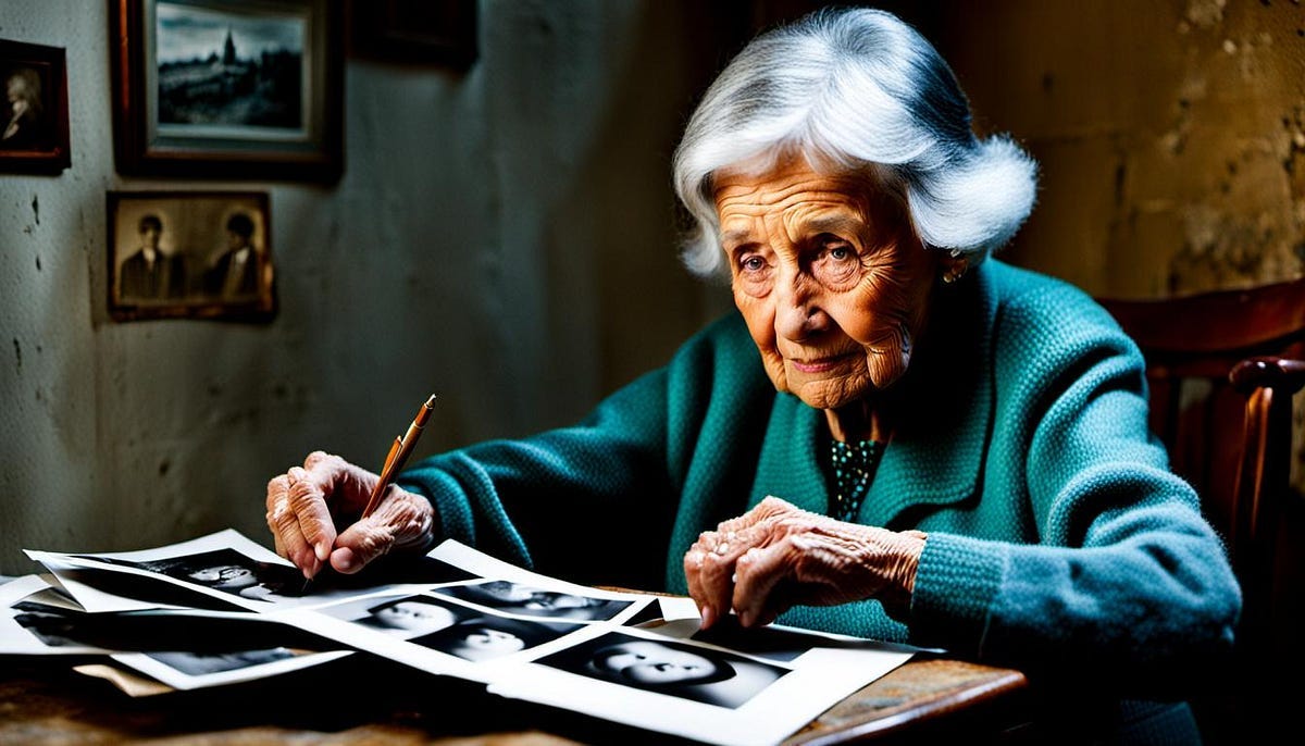 Very old woman with grey hair, looking at photographs