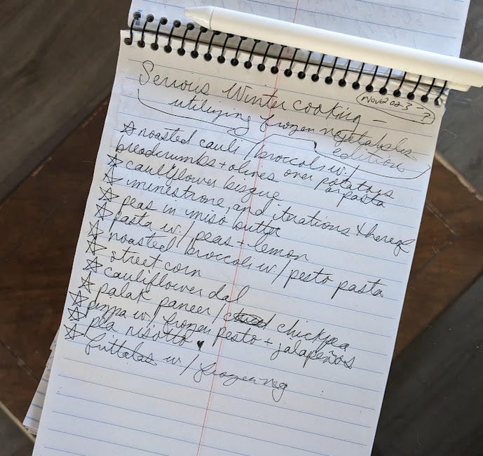 a handwritten list of ideas for cooking with frozen vegetables