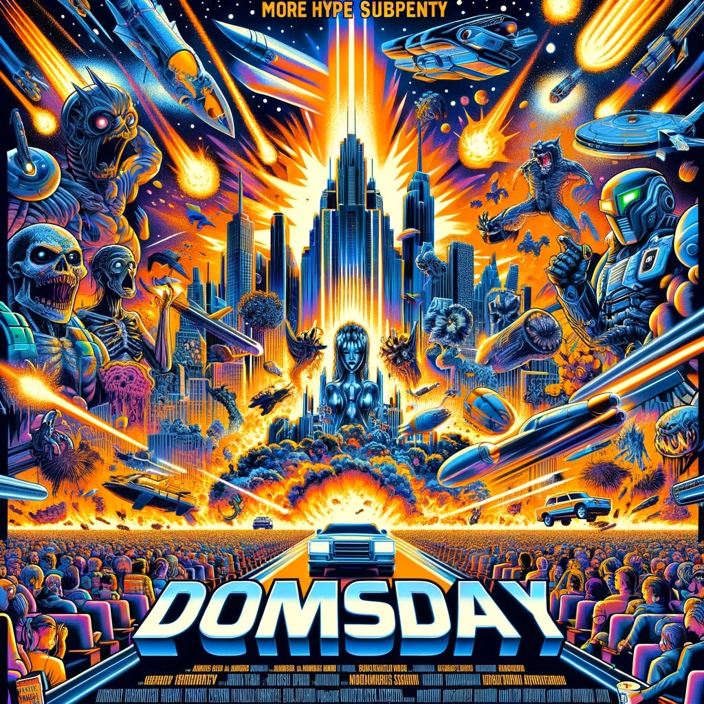 A movie poster for an overhyped film titled 'Doomsday'. The poster is exaggeratedly dramatic and flashy, with bold, oversized text for the movie title in a futuristic font. It features a chaotic collage of typical apocalyptic imagery like exploding cities, giant robots, and meteor showers, but with a slightly comical and over-the-top feel, suggesting the movie is more hype than substance. Bright, contrasting colors and excessive special effects graphics to convey an overwhelming sense of exaggeration and lack of subtlety.