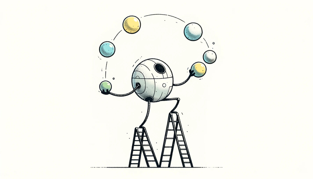 DALL·E 3. Prompt: "A robot, two ladders, four orbs, the robot is balancing atop the two ladders juggling the four orbs". House style: "rectangular dimension suited for use on a blog, white background, mostly black lines/ink, accented with subtle colours where appropriate, looks like diagrams, sketches and illustrations, be more wholesome and fun than serious and dark".