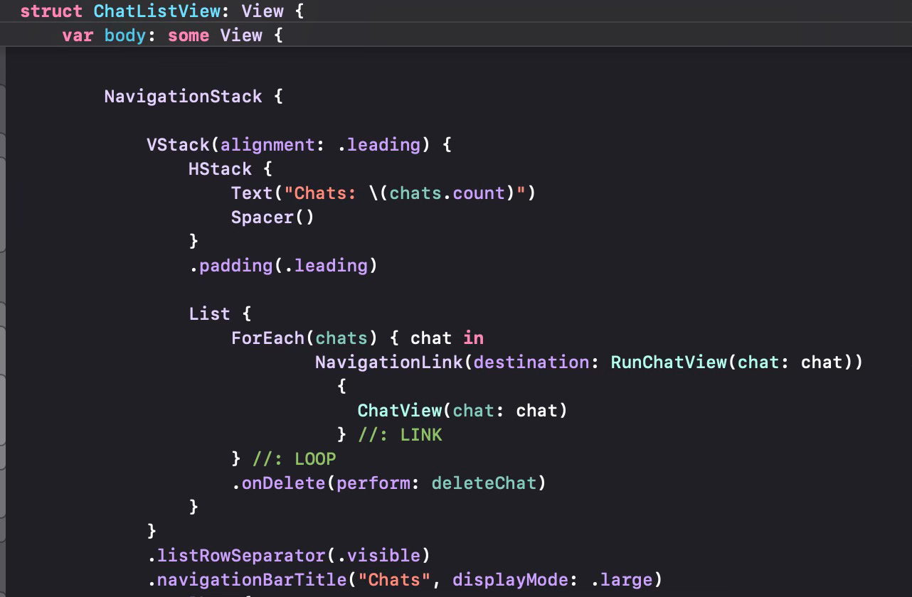 Using a NavigationStack and a List to represent chats