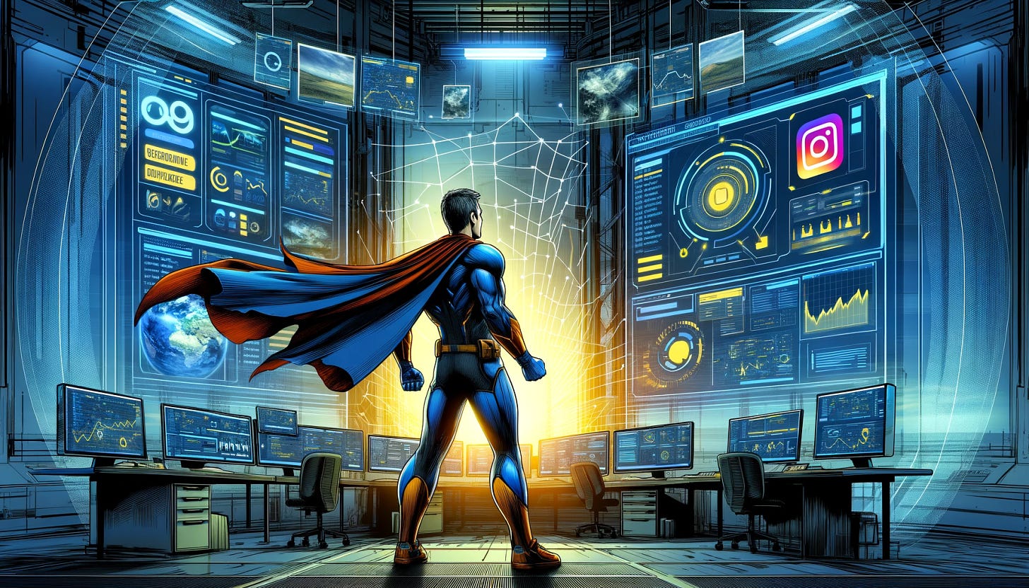 An action-packed illustration depicting a superhero-themed developer standing in a command center. This developer is dressed in a modern, tech-inspired superhero outfit, embodying agility, intelligence, and a touch of heroism. The command center is filled with multiple screens and interfaces displaying Instagram feeds and real-time analytics data, symbolizing the developer's mastery over digital realms. The scene is dynamic and filled with energy, illustrating the essence of tackling system design challenges with precision and innovative thinking. The background is detailed with futuristic tech elements, emphasizing the cutting-edge environment.