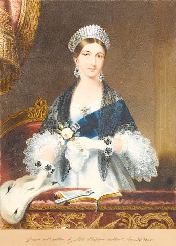 A portrait of a young Queen Victoria in a theatre Royal Box. She is wearing a diamond tiara, a white gown with lace sleeves and a blue sash. She has white gloves and an ermine drapes to her right. In front of her is an open book. Rich upholstery drapes at the left of the picture.