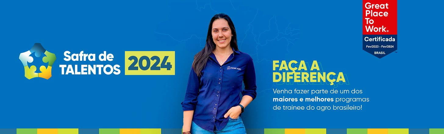 "Safra de Talentos 2024. Faça a diferença. Venha fazer parte de um dos maiores e melhores programa de trainee do agro brasileiro!". Foto de uma jovem com farda da empresa em fundo azul.