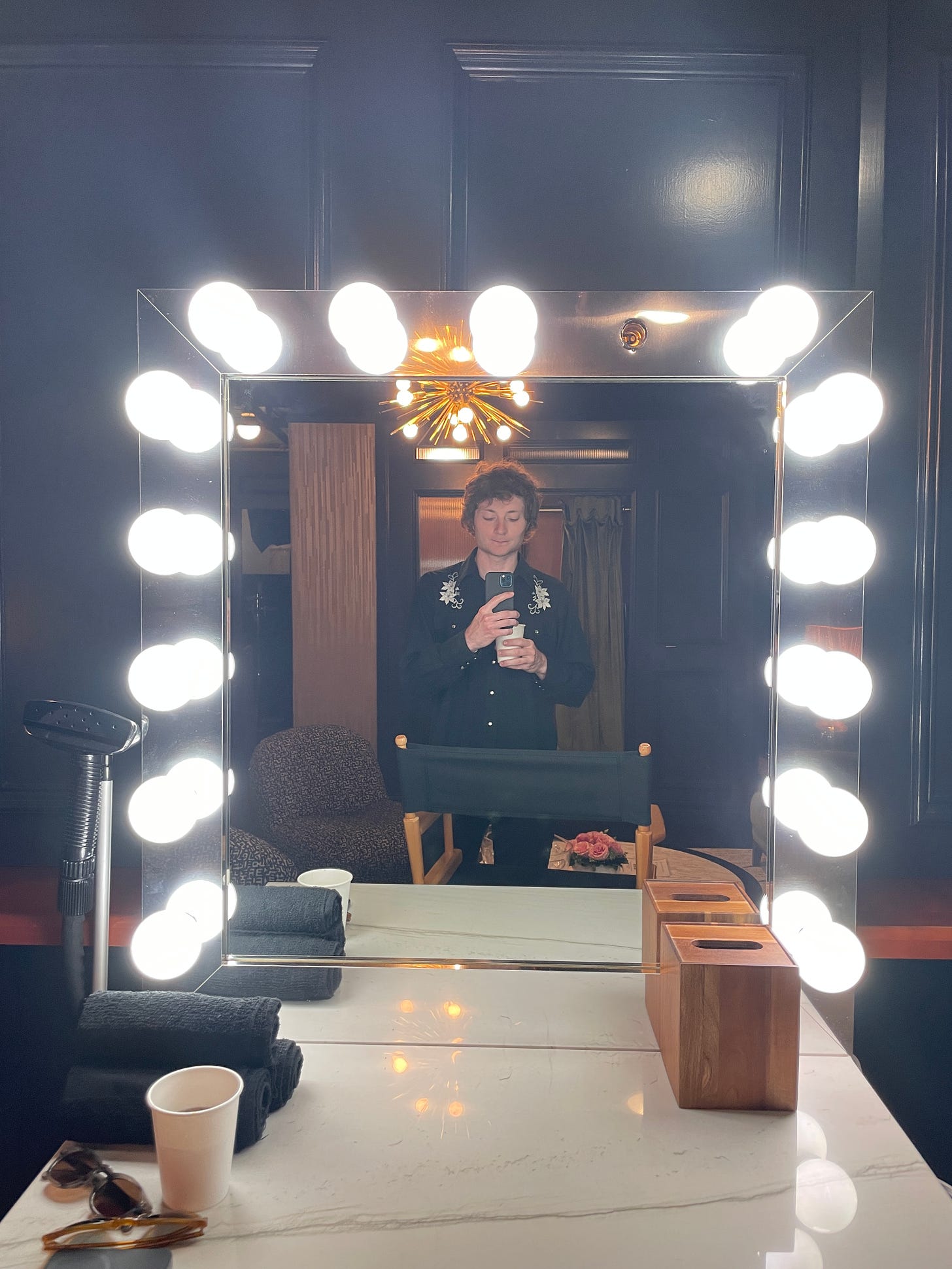 A selfie in a mirror at the Jimmy Kimmel studio.