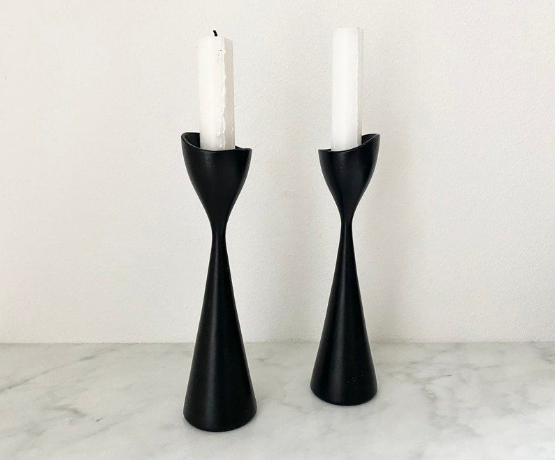 Swedish black wooden candlestick holders from the 50s. Scandinavian mid-century modern design image 3