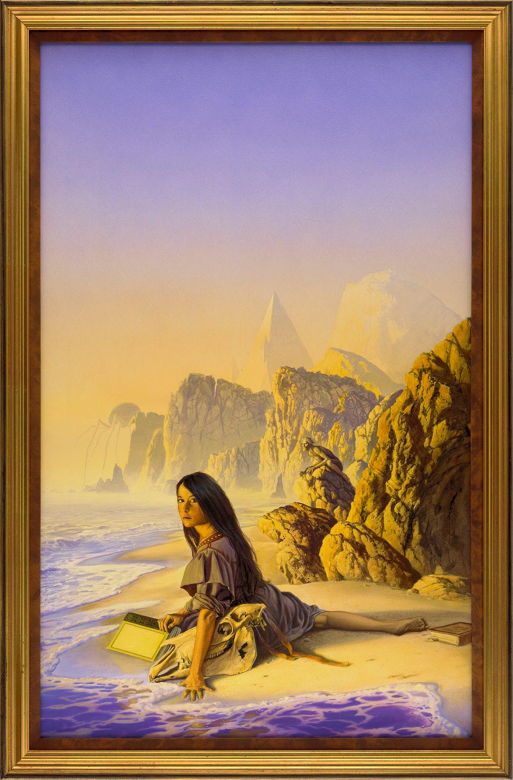 Amethyst water rolls gently onto the shore where a young woman is seated. She is positioned awkwardly with one knee out and the other leg behind her as she turns to face the audience. Her weight is on her left arm, crossing protectively over a horse skull. Her fingers sink into the wet sand while her other hand rests on the spine of a hardcover book, fanned with block down in the web sand. A bearded man perches on an outcrop of rock behind her, blending with the craggy backdrop. Among the mountains, a tall pyramid reaches to the sky only to be outdone by the half dome of rock next to it. In the hazy distance of the shore, a long-legged spidery creature as tall as the mountains tip toes into view.