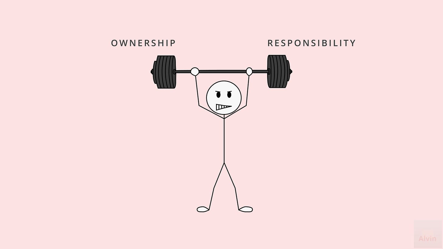 A stick figure lifts a barbell. One side represents ownership. The other side represents responsibility.