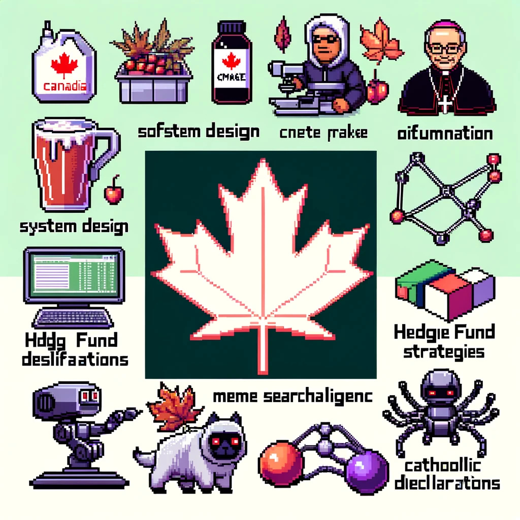 Create an 8-bit pixel art style image representing a diverse array of topics including Canadian maple syrup, system design, software packages installation, CMake configuration, hedge fund strategies, humane artificial intelligence, meme search engine, Catholic doctrinal declarations, and robotics engineering. The image should feature symbolic elements like a maple leaf, computer icons, a robotic arm, and a religious symbol, arranged in a creative, thematic collage.