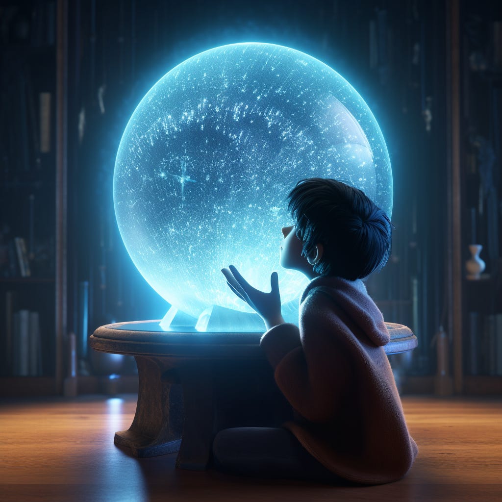 A boy looking into a giant crystal ball
