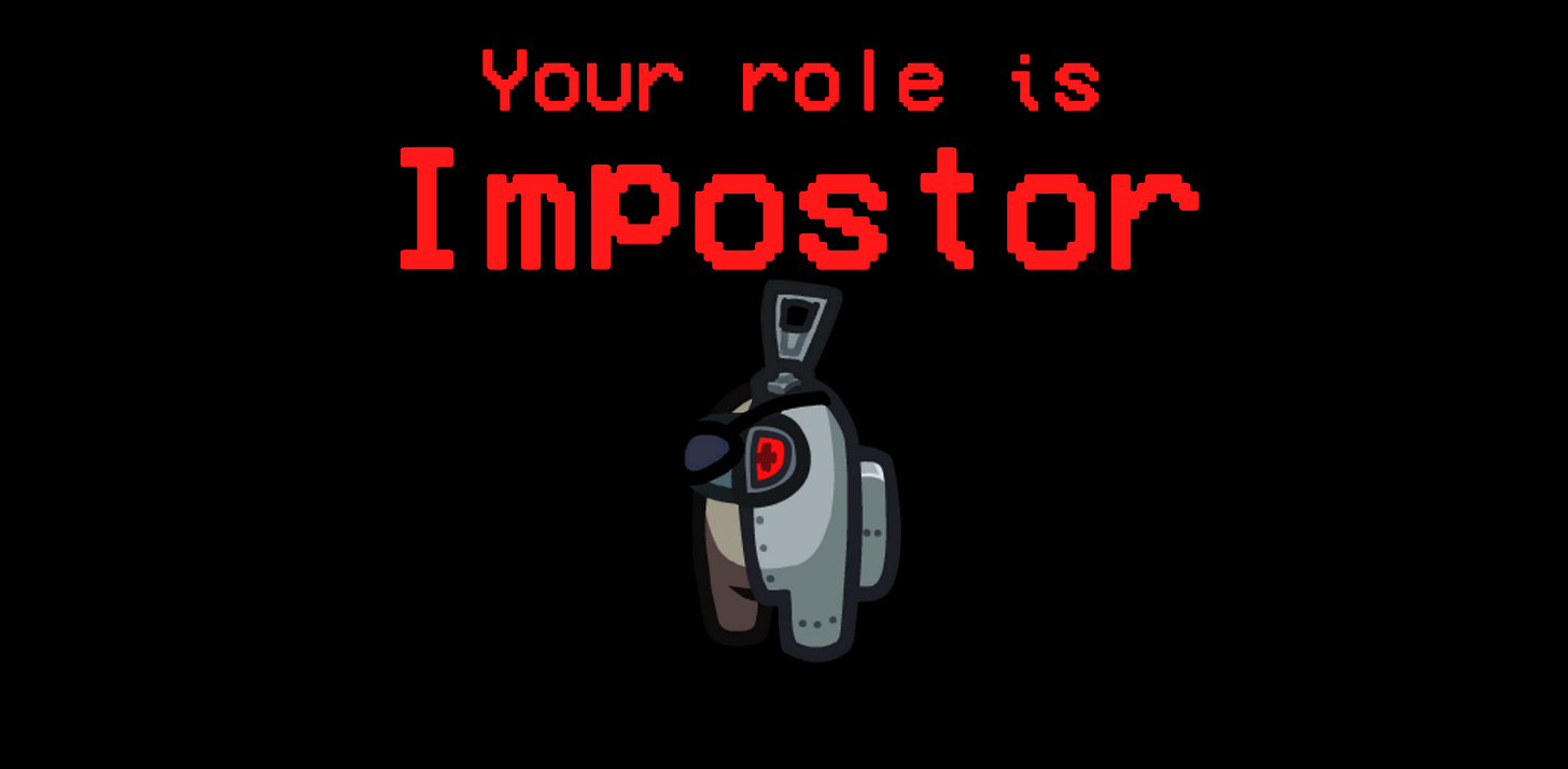 A screenshot from the video game Among Us, showing an amongus and the text "Your role is Impostor."