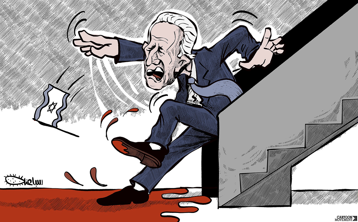 Cartoon showing US president Biden getting off an airplane in Isreal. At the bottom of the stairs, he slips on a giant pool of blood.