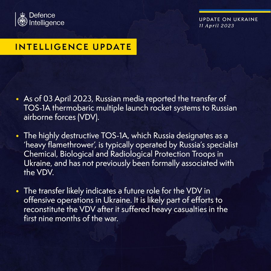 Latest Defence Intelligence update on the situation in Ukraine - 11 April 2023.