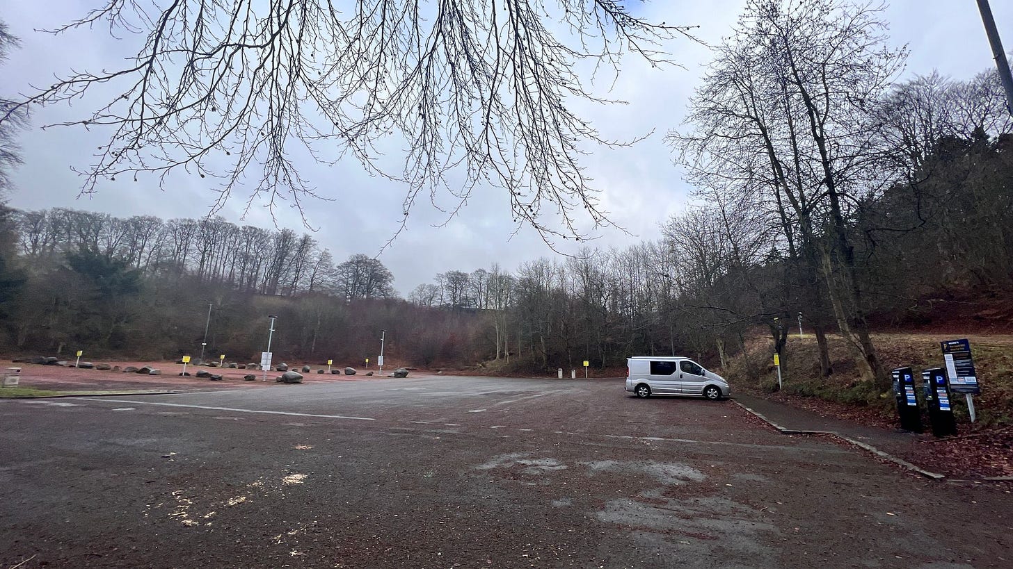 Our camping spot for the night at the carpark of New Lanark