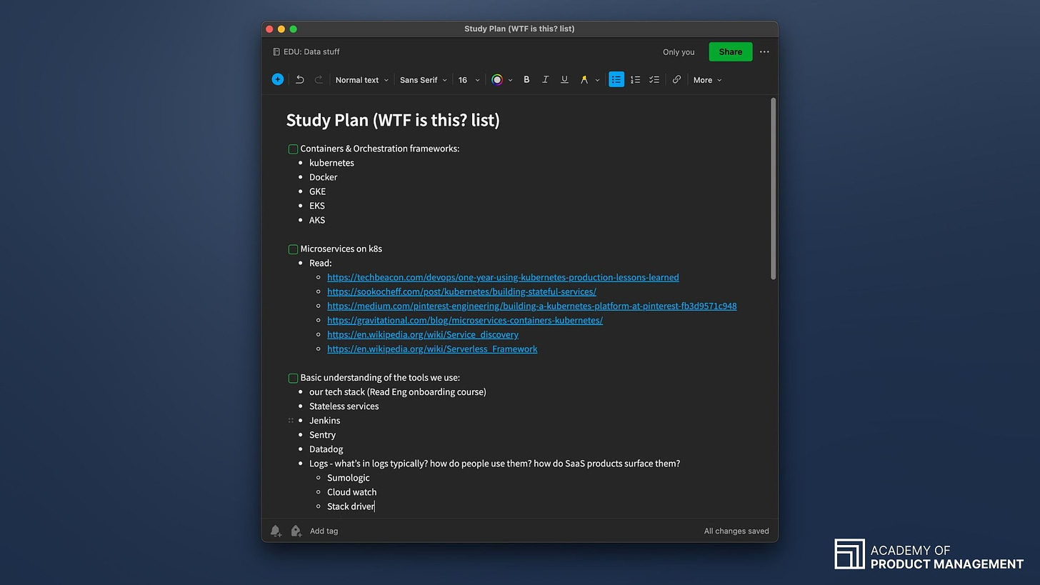 An image of the author's list of things she planned to learn. Note in Evernote. Title of note is "Study Plan (WTF is this? list)"