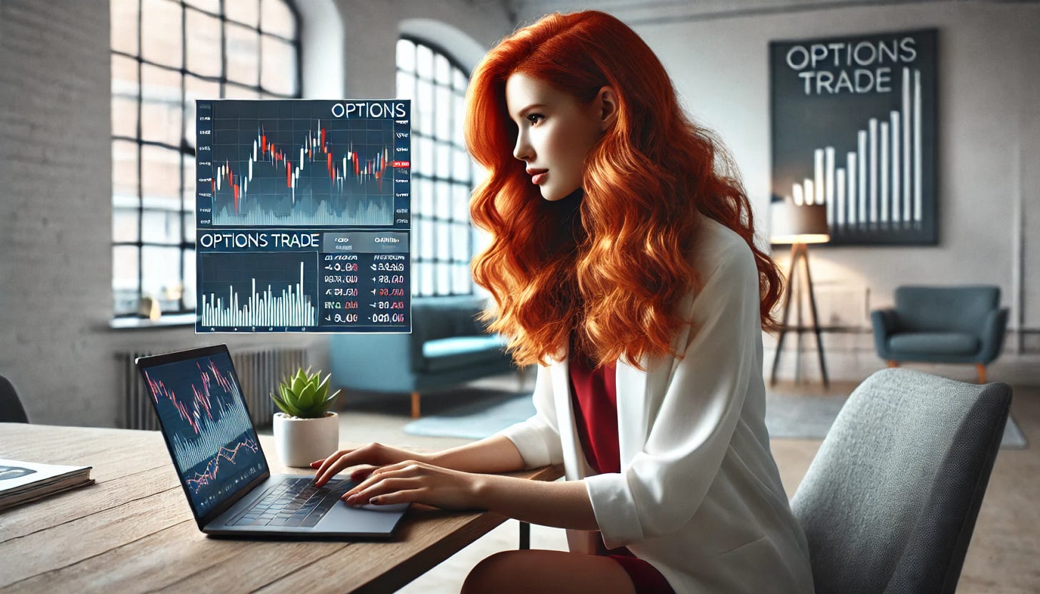 A visually appealing red-haired woman placing an options trade on her laptop. She is seated at a modern desk with financial charts and stock market graphs displayed on the screen. The setting is a well-lit, contemporary workspace with subtle financial-themed decor. The woman appears focused and confident, dressed in business casual attire. The image should be in a wide, rectangular format.