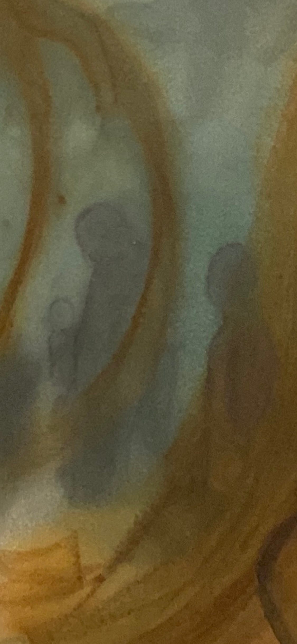 closeup of an image with three shadowy figures standing in a circular formation