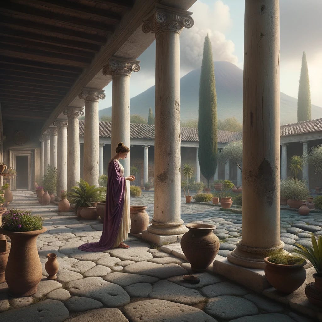 True-to-life image of a morning in Pompeii, 79 CE, prioritizing authenticity and subtlety. Lucretia, amidst her villa's naturally aged columns, wears a purple palla with slight wear. The courtyard plants and pots reflect the daily care and use of the era. Celina and Sabinus, in their everyday attire, enhance the scene's genuine feel. A faint ash cloud from Vesuvius serves as a somber backdrop.