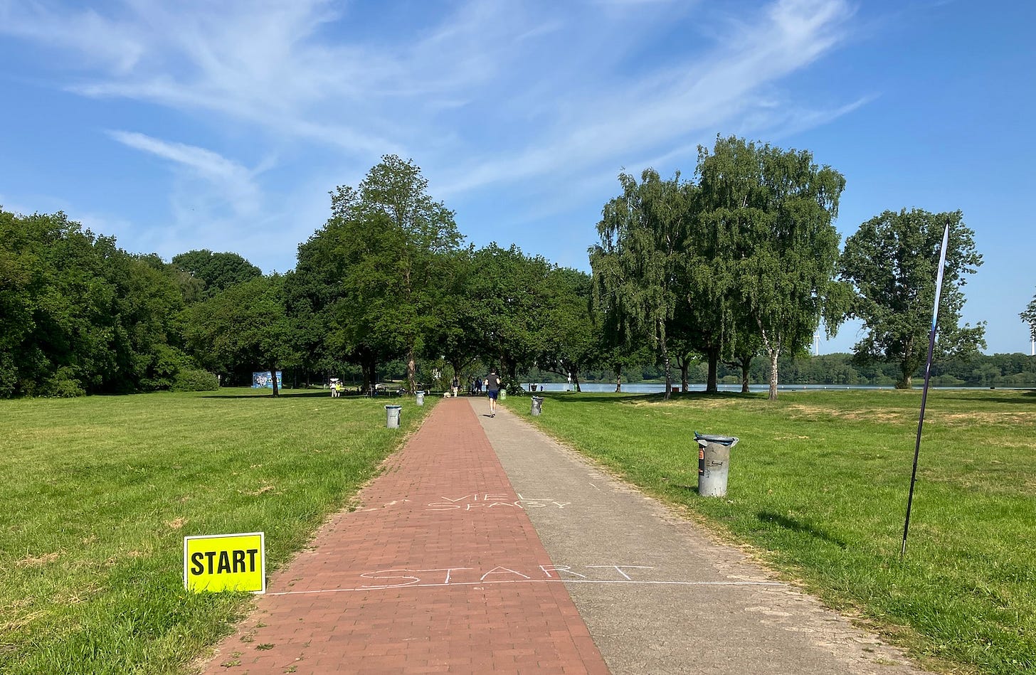 The start line, looking towards the lake, with trees spotted around