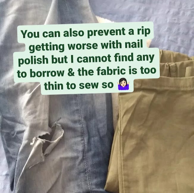 An Instagram story screenshot of some jeans with a rip in the knee and a text explaining that the fabric is too thin to sew