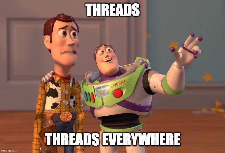 a meme of buzz and woody from toy story pointing out how much everyone is talking about threads right now meta's new social media app