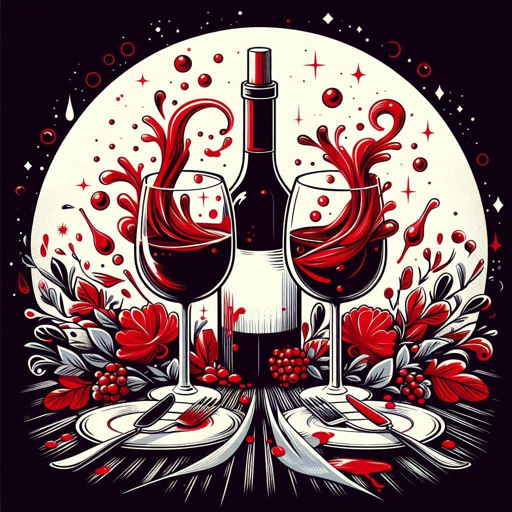 Una imagen que represente el vino tinto en una cena, siempre presente y a veces descontrolada. Podría incluir una mesa elegante con copas de vino, pero también manchas de vino en el mantel y un ambiente animado.