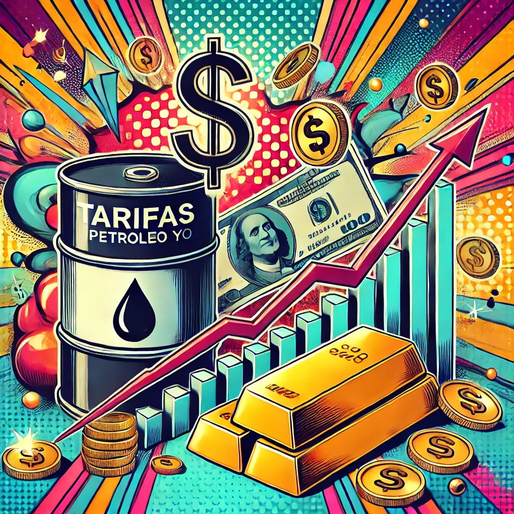 A vibrant pop-art style illustration featuring elements of finance and commodities. The composition includes a dramatic barrel of oil with dollar signs, a stack of shining gold bars, and a line graph showcasing fluctuating tariffs. The background includes vibrant explosions of color with economic symbols like arrows, coins, and percentages. The overall tone is energetic and financial, combining bold typography for 'Tarifas, Petróleo y Oro' with a stylish, modern aesthetic. The setting blends abstract and illustrative design with strong contrasts and highlights.