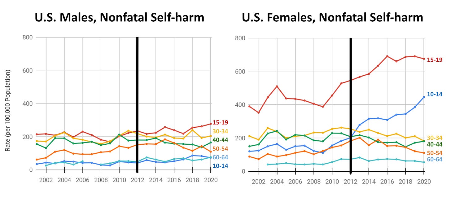 Left graph: U.S. males nonfatal self-harm rates. Graph right: U.S. Females nonfatal self-harm rates by age since 2001. Large increases for girls 10-14 and 15-19.