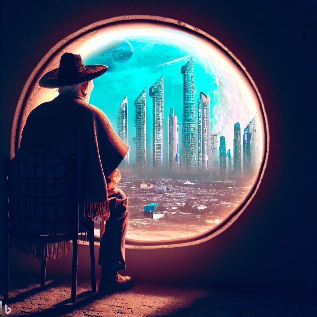 a city on the moon, old mexican man looking out window, solarpunk