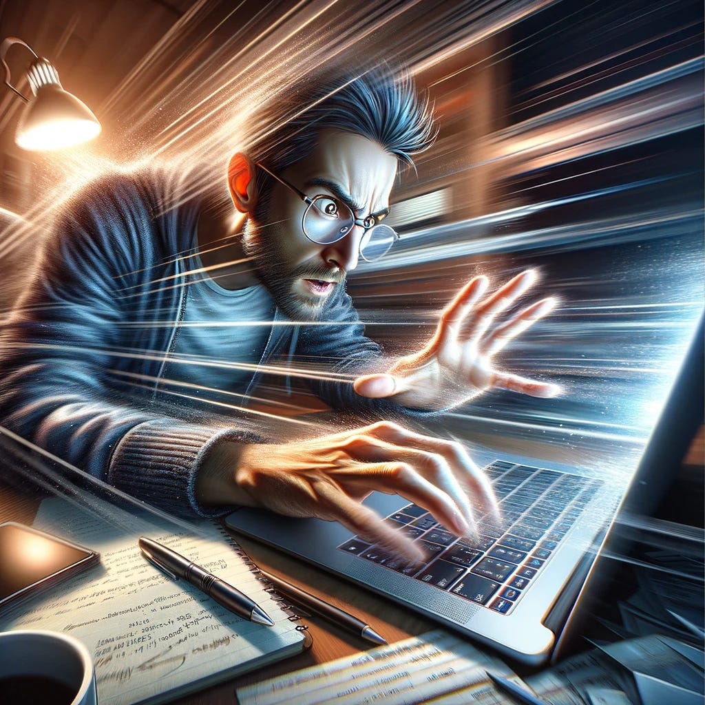 A digital painting of an individual intensely focused on their laptop screen, their eyes wide and fingers flying over the keyboard and touchpad, rapidly skimming through vast amounts of information. The scene captures the person's dynamic energy and concentration, with motion blur effects applied to their hands and the cursor on the screen to emphasize the speed of their browsing. They are seated at a desk cluttered with notes, books, and a cup of coffee, suggesting a long session of work or study. The room is illuminated by the glow of the laptop screen, casting light on their determined expression. This artwork conveys the urgency and intensity of searching for specific information or trying to learn something quickly in a digital age. Digital art style, focusing on realism with added motion effects to highlight the rapid movement and the high pace of digital interaction.