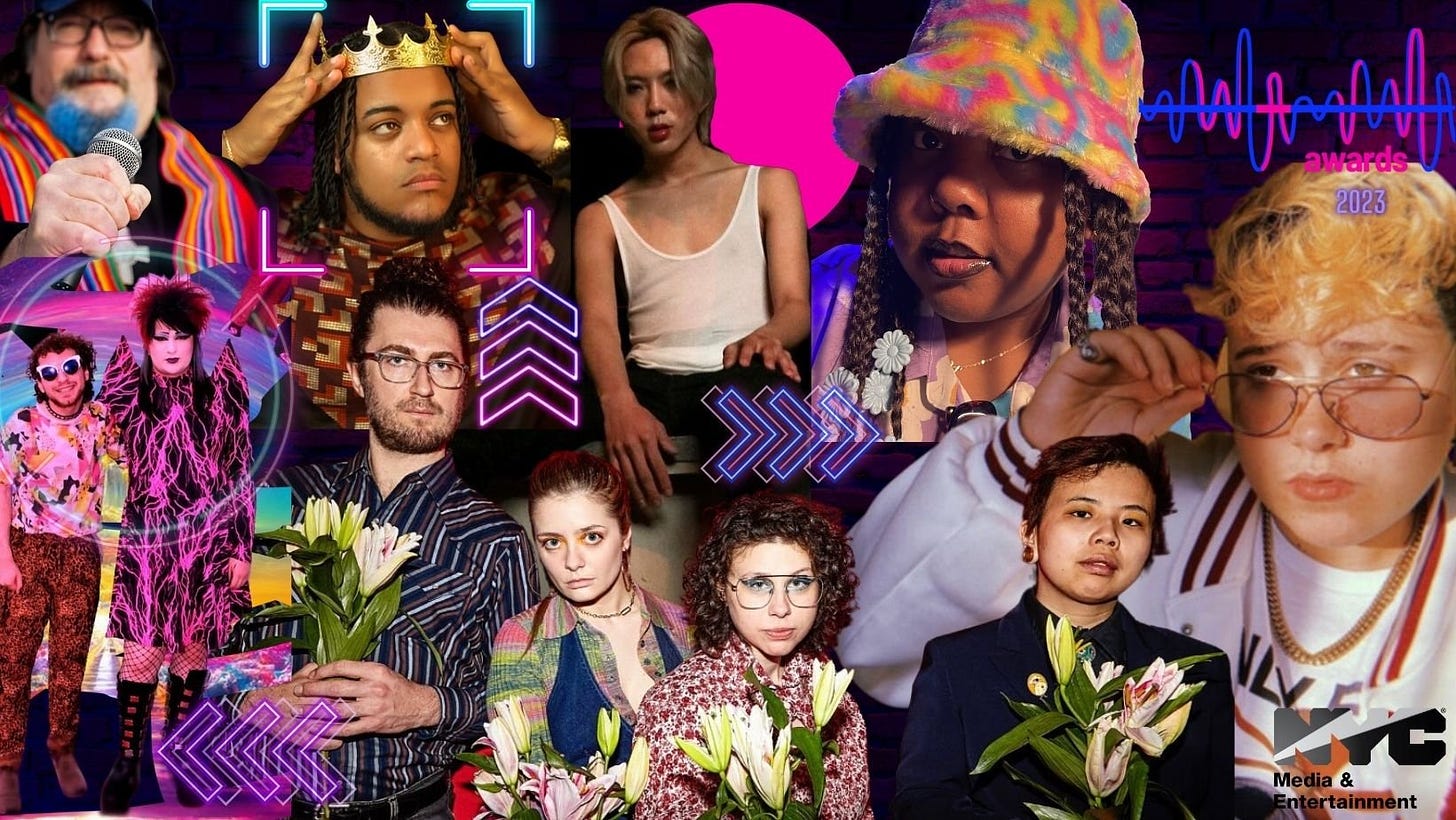 Image ID: A banner image from the Wavy Awards, featuring a collage of the 2023 performers, a group of gender, race, and age diverse musicians overlaid with pink light effects. End ID.