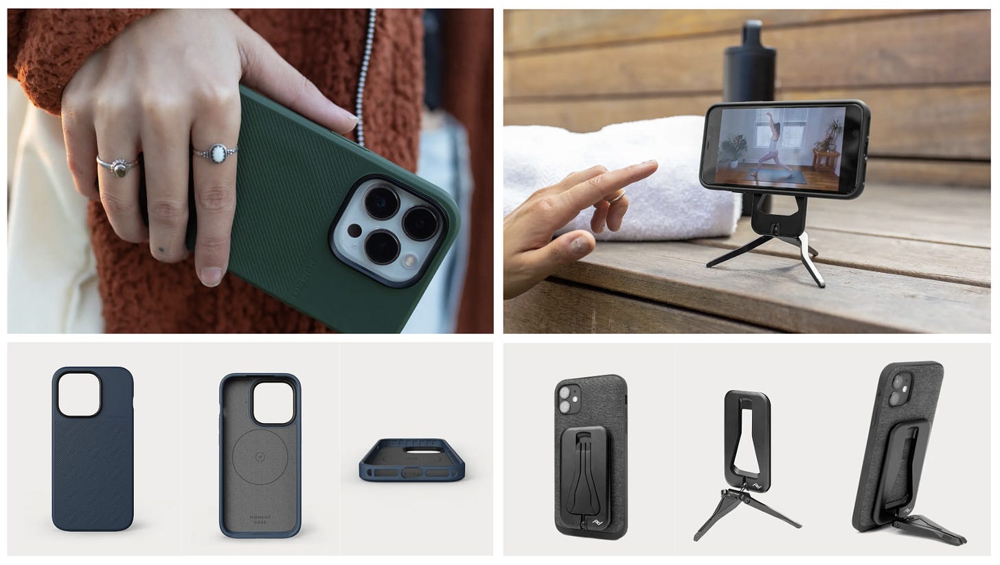 Photos on the left of the Moment case being held by a feminine hand, and by itself, from different angles. Photos on the right of the Peak Design MagSafe tripod in horizontal and vertical positions.